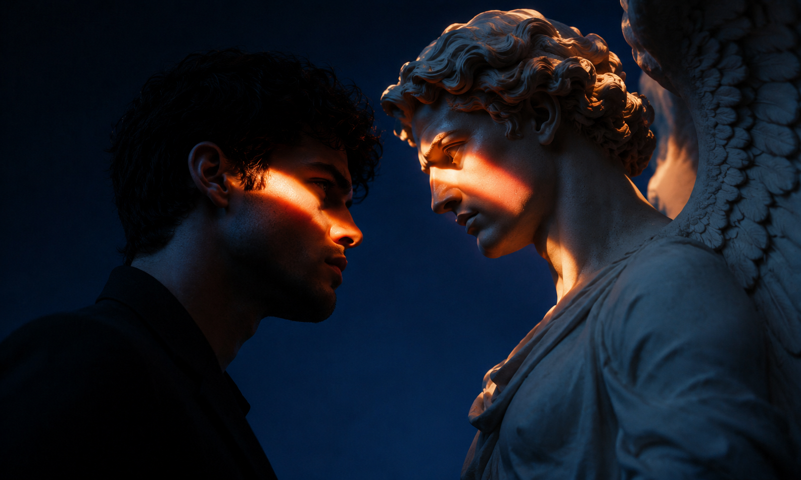A young man facing a classical angel sculpture in dramatic blue and orange light