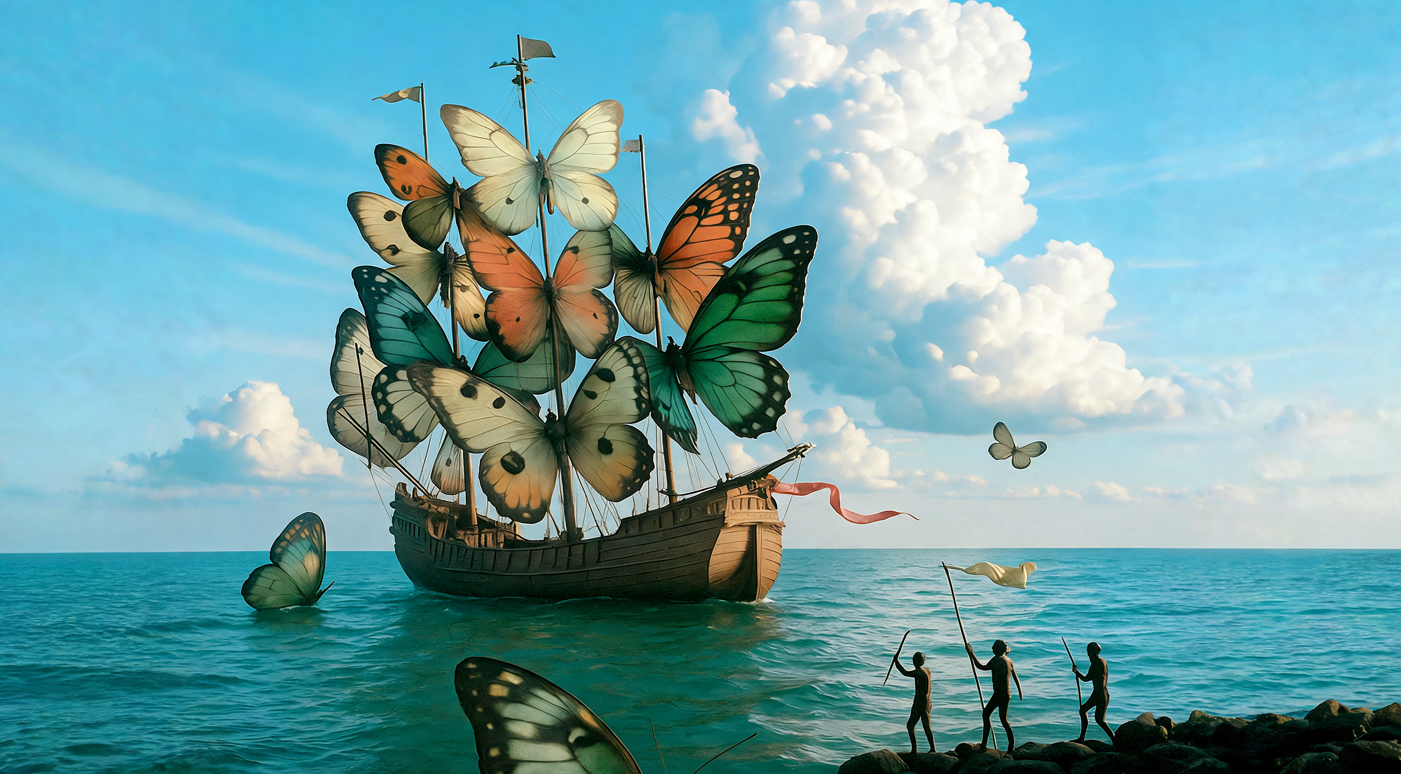 ANIMA surreal photographic scene of a butterfly-winged ship at sea