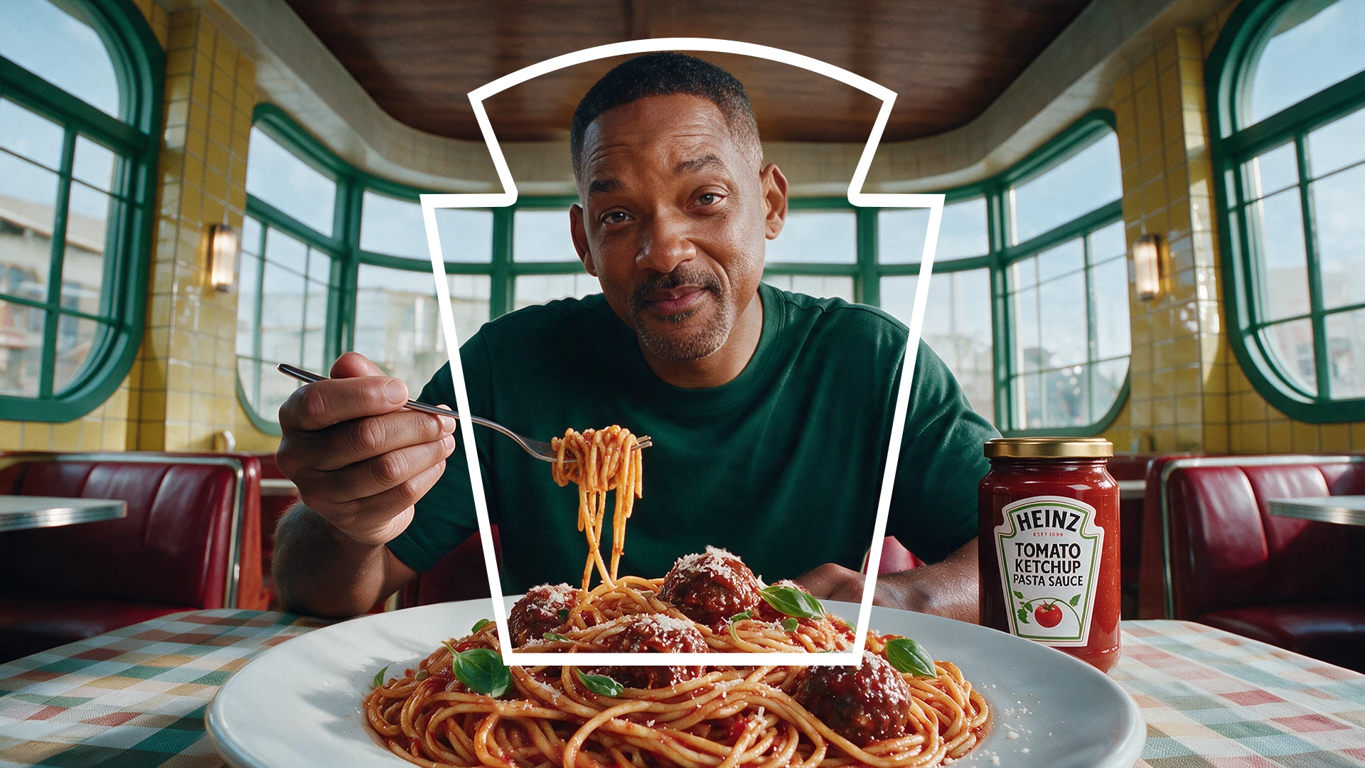 Heinz pasta campaign visual framed by a white keystone outline