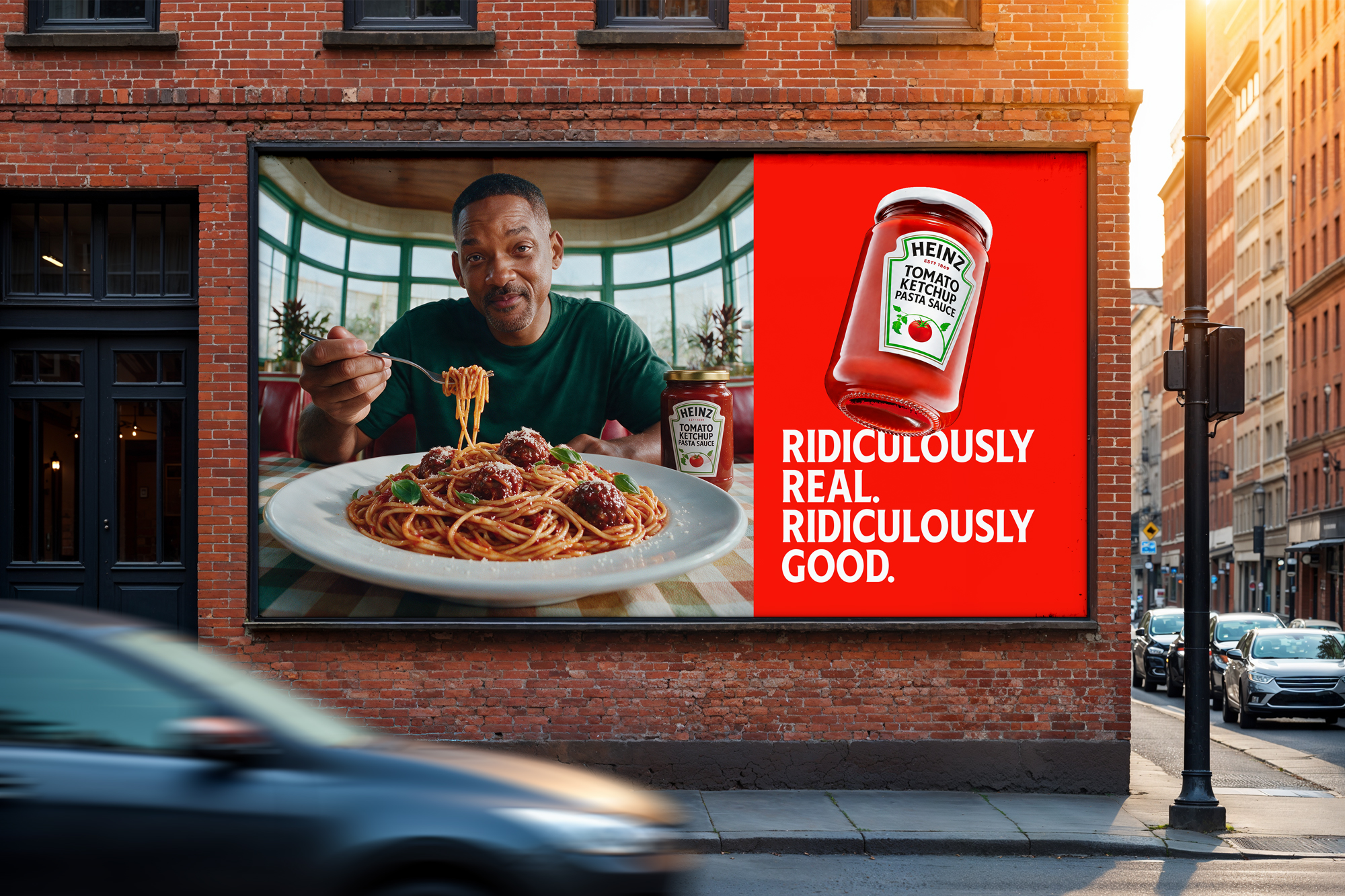 Heinz Ridiculously Real Ridiculously Good billboard mockup on a city street