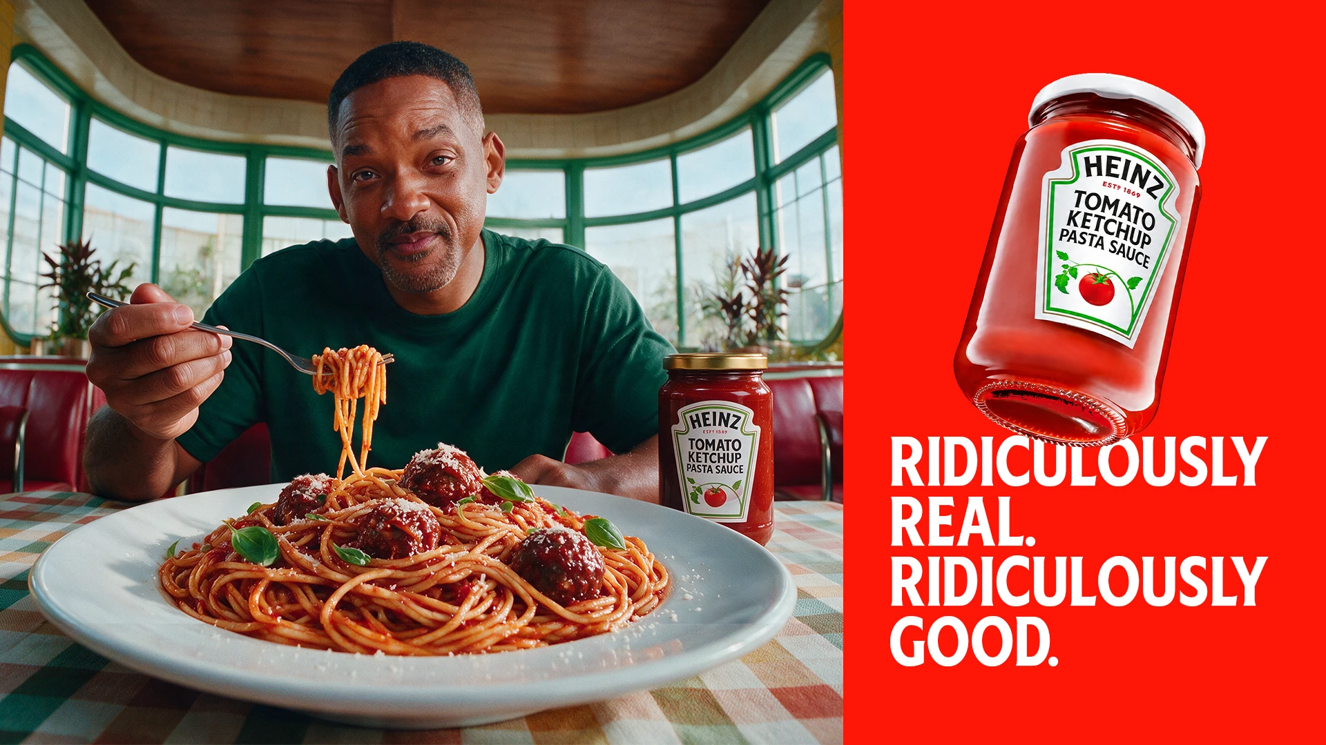 Will Smith eating spaghetti with Heinz tomato ketchup pasta sauce and the headline Ridiculously Real Ridiculously Good