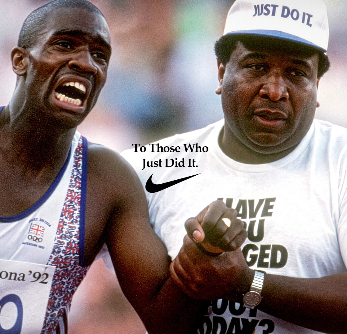 Nike tribute image with a runner and supporter beneath the line To Those Who Just Did It