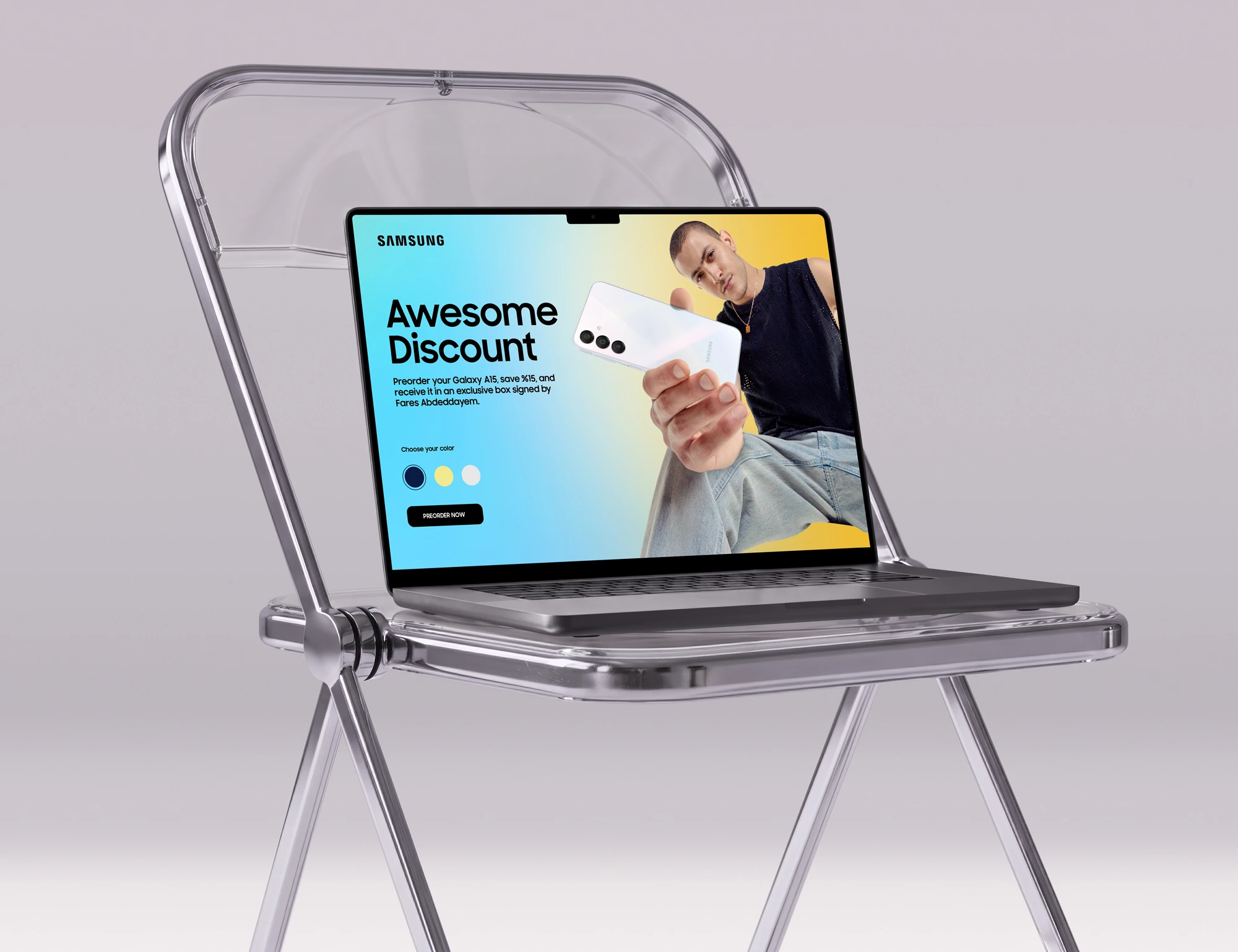 Galaxy A15 Awesome Discount preorder landing page displayed on a laptop