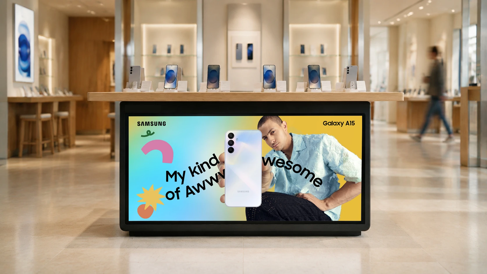 Galaxy A15 My Kind of Awesome campaign displayed on a retail island inside a Samsung store