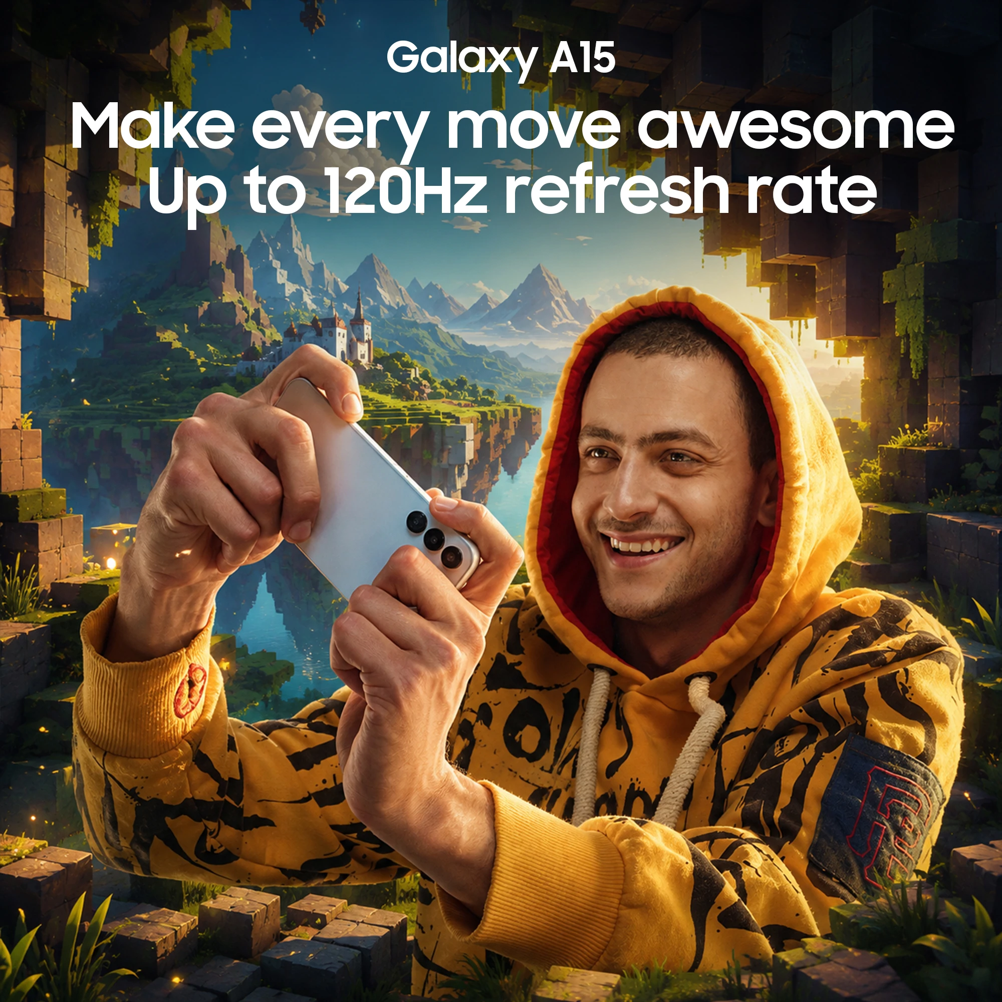 Galaxy A15 120Hz gaming campaign artwork featuring Fares Abdeddayem