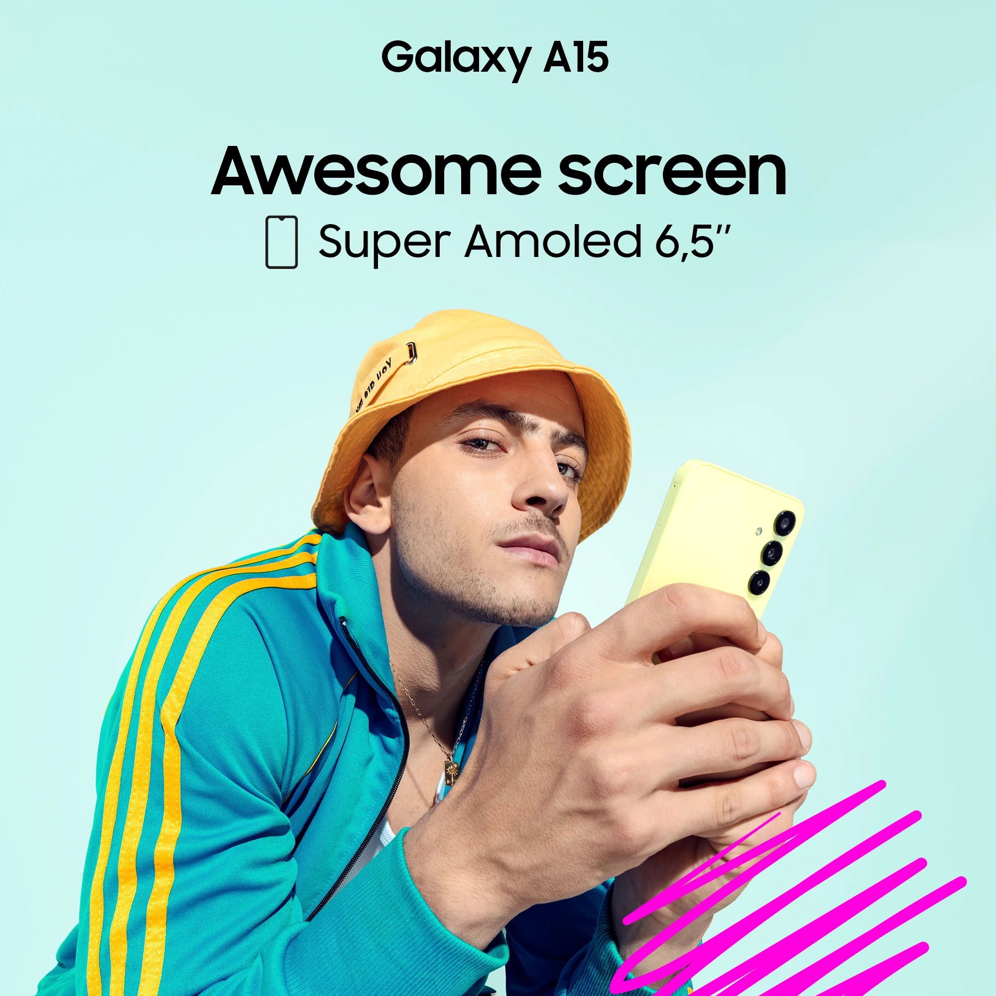 Galaxy A15 Super AMOLED screen campaign artwork featuring Fares Abdeddayem