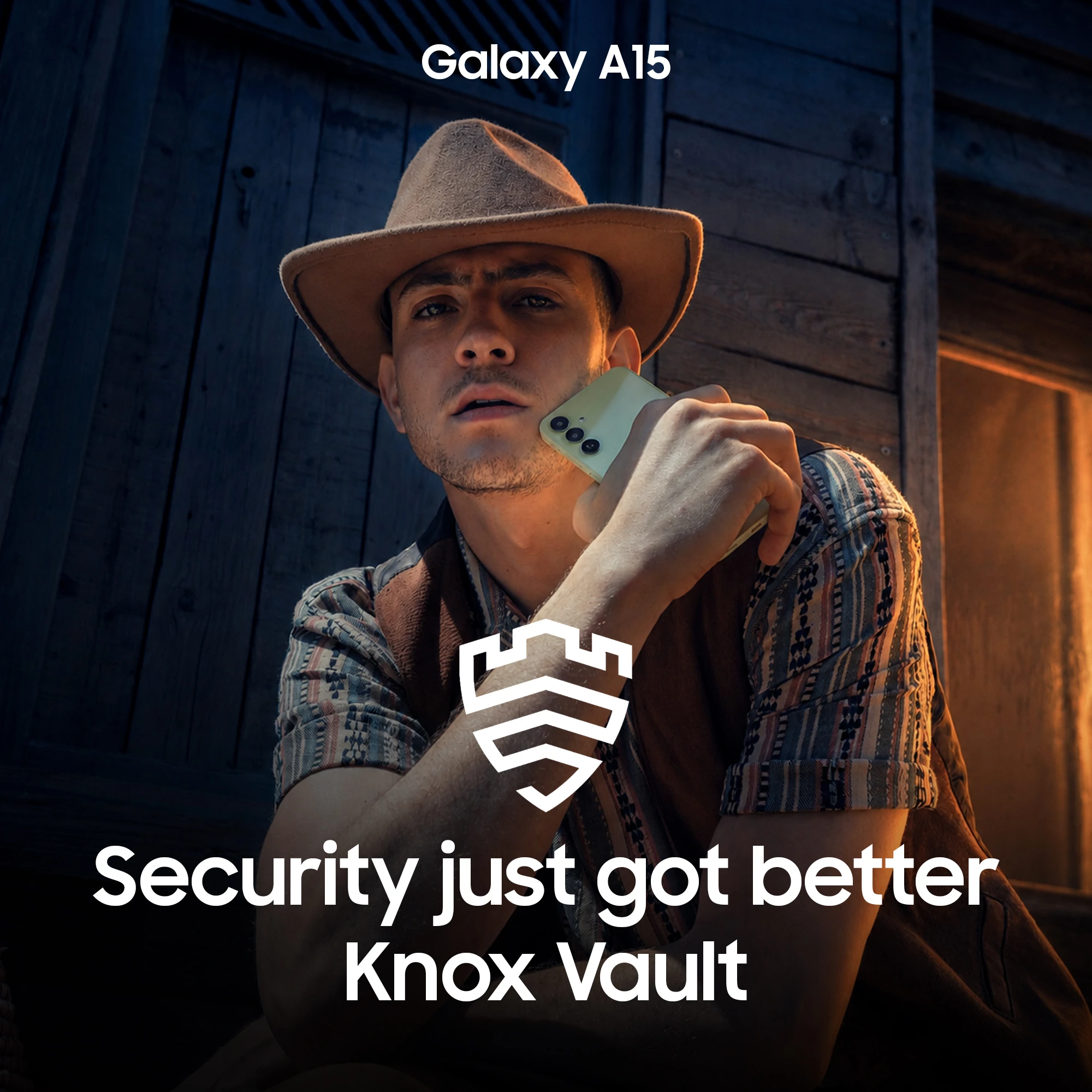 Galaxy A15 Knox Vault security campaign artwork featuring Fares Abdeddayem
