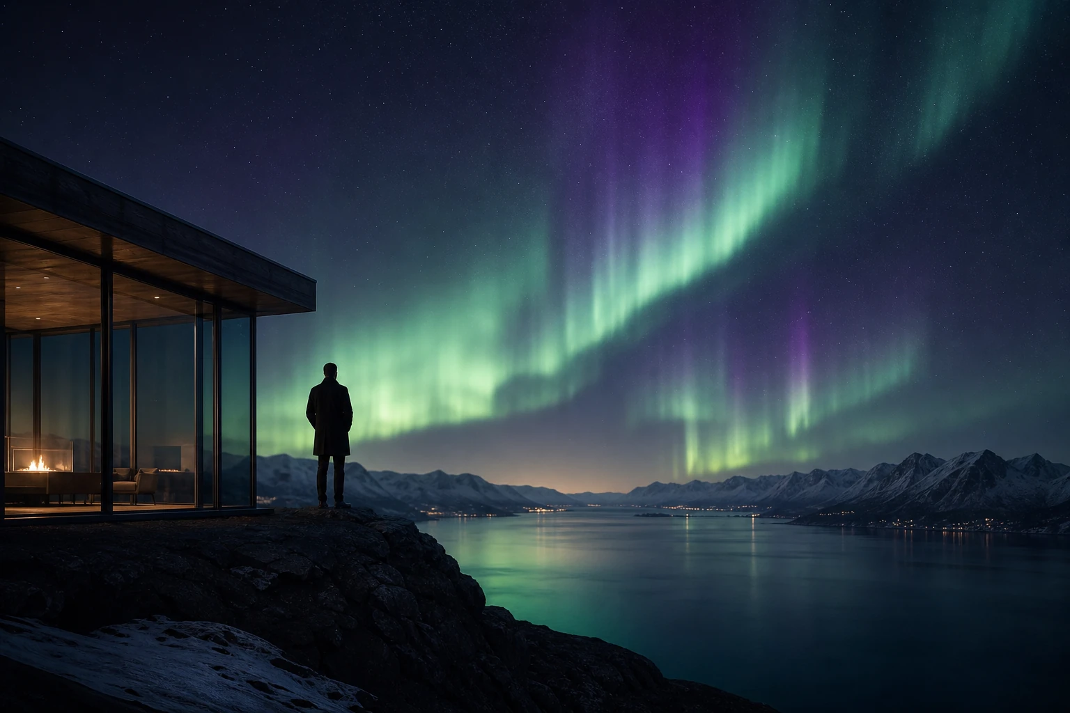 Traveler overlooking a fjord and aurora from a glass retreat