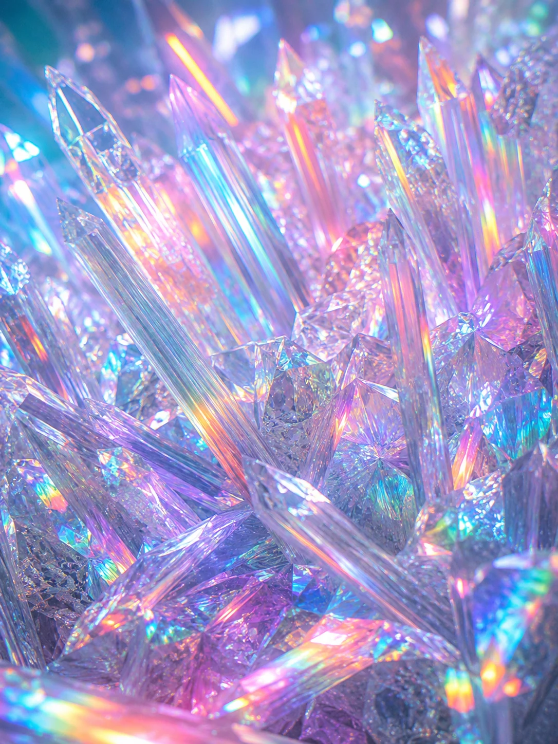 Dreamlike field of luminous iridescent crystals