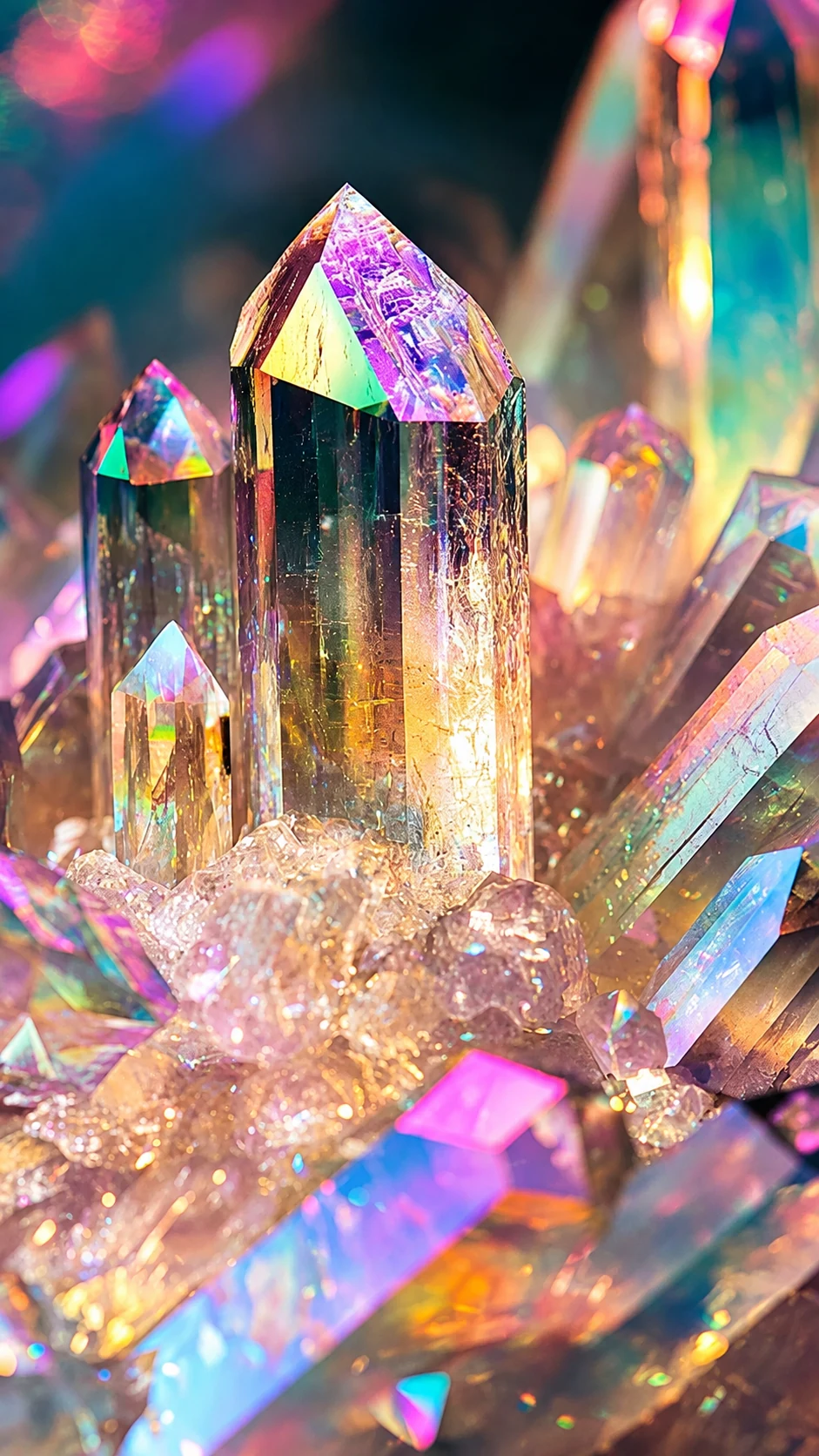 Iridescent crystal formations refracting colored light