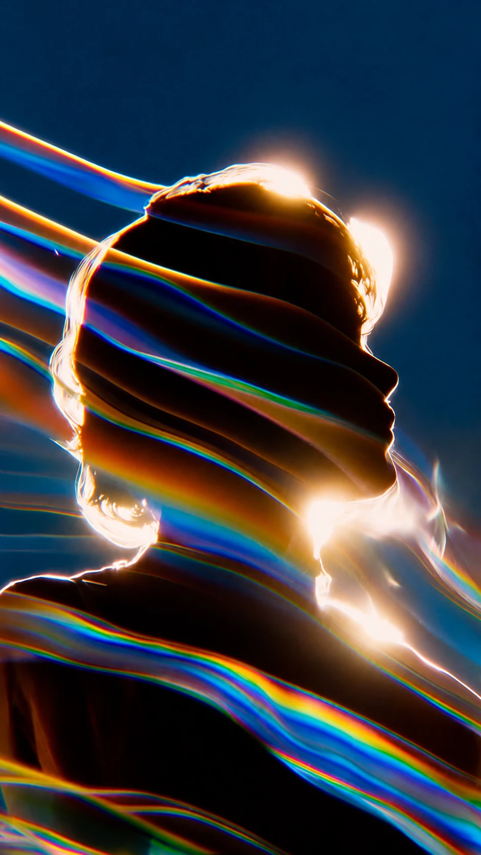 Portrait wrapped in flowing bands of refracted spectral light