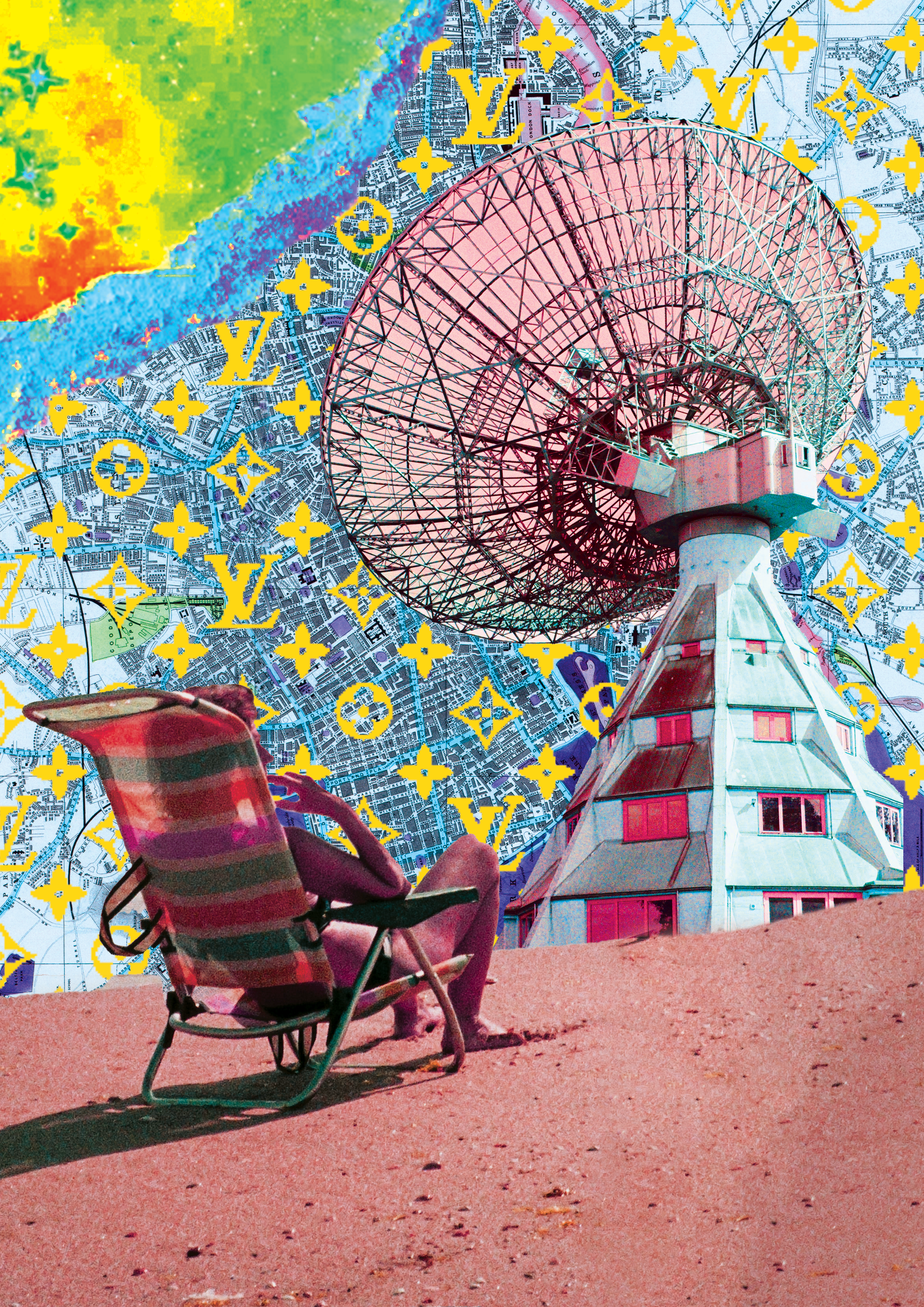 Pop collage of a radio telescope, map, and beach scene