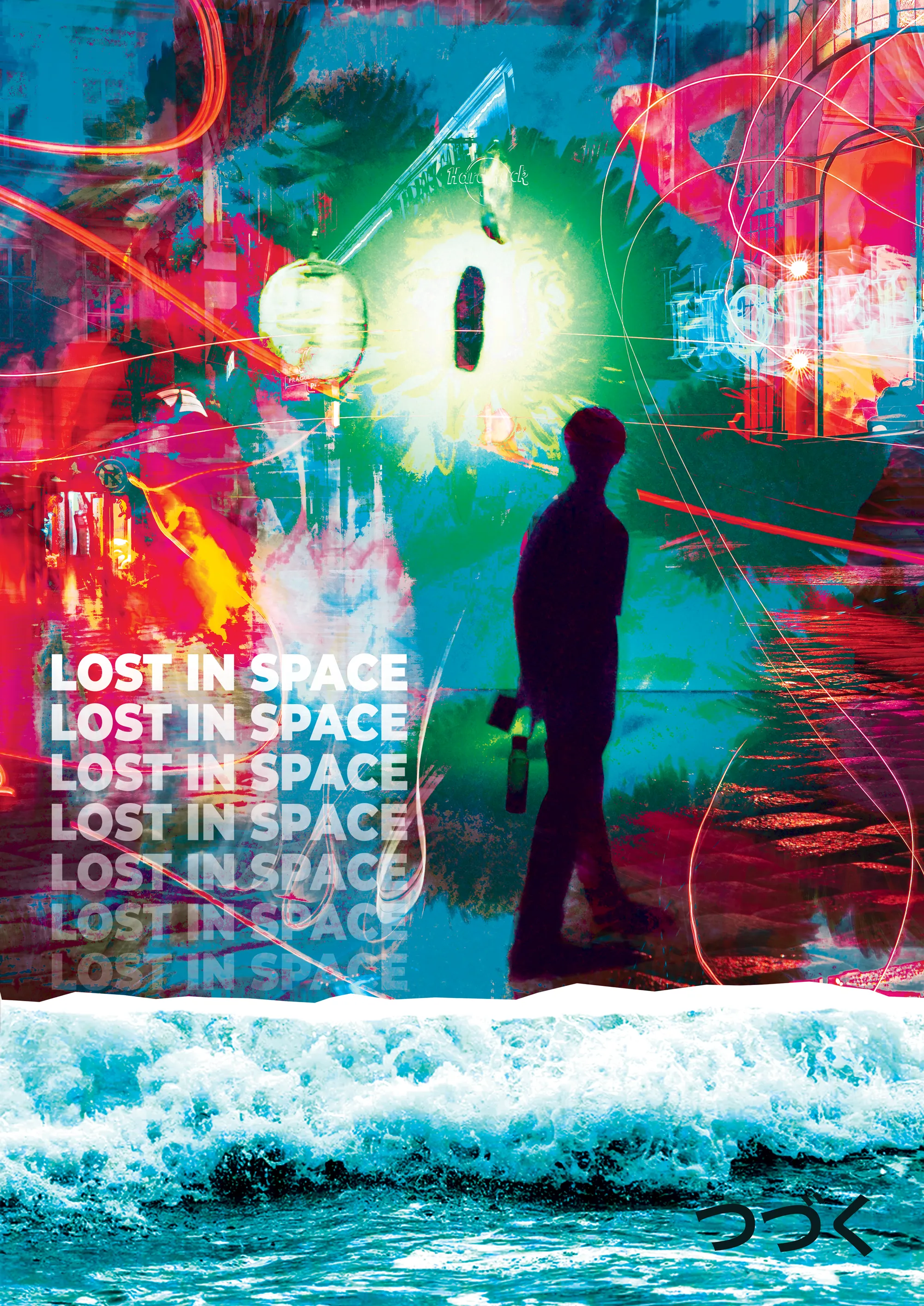 Vivid collage of a silhouetted figure lost in an abstract city