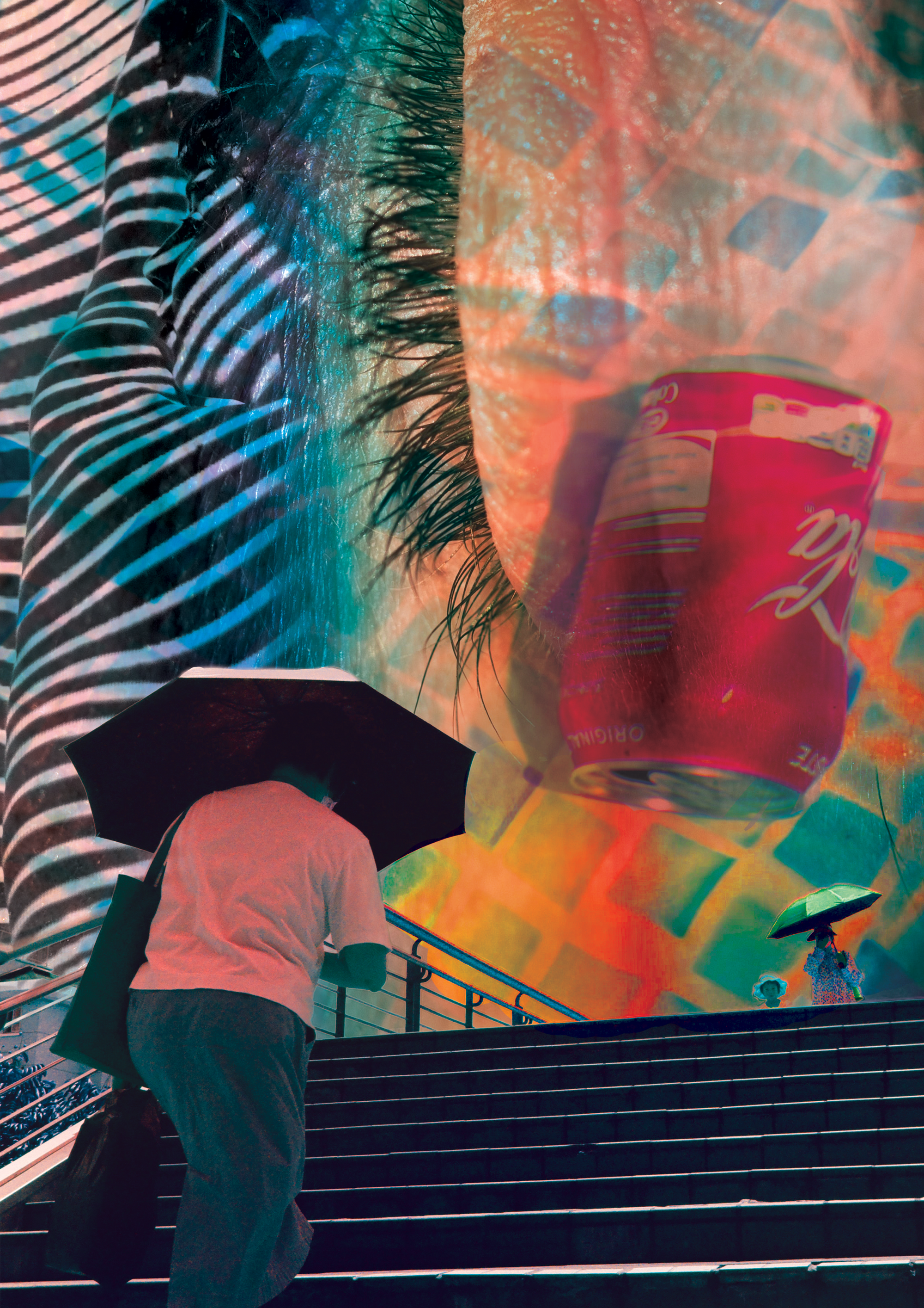 Dreamlike collage of a person climbing stairs beneath an eye and floating can