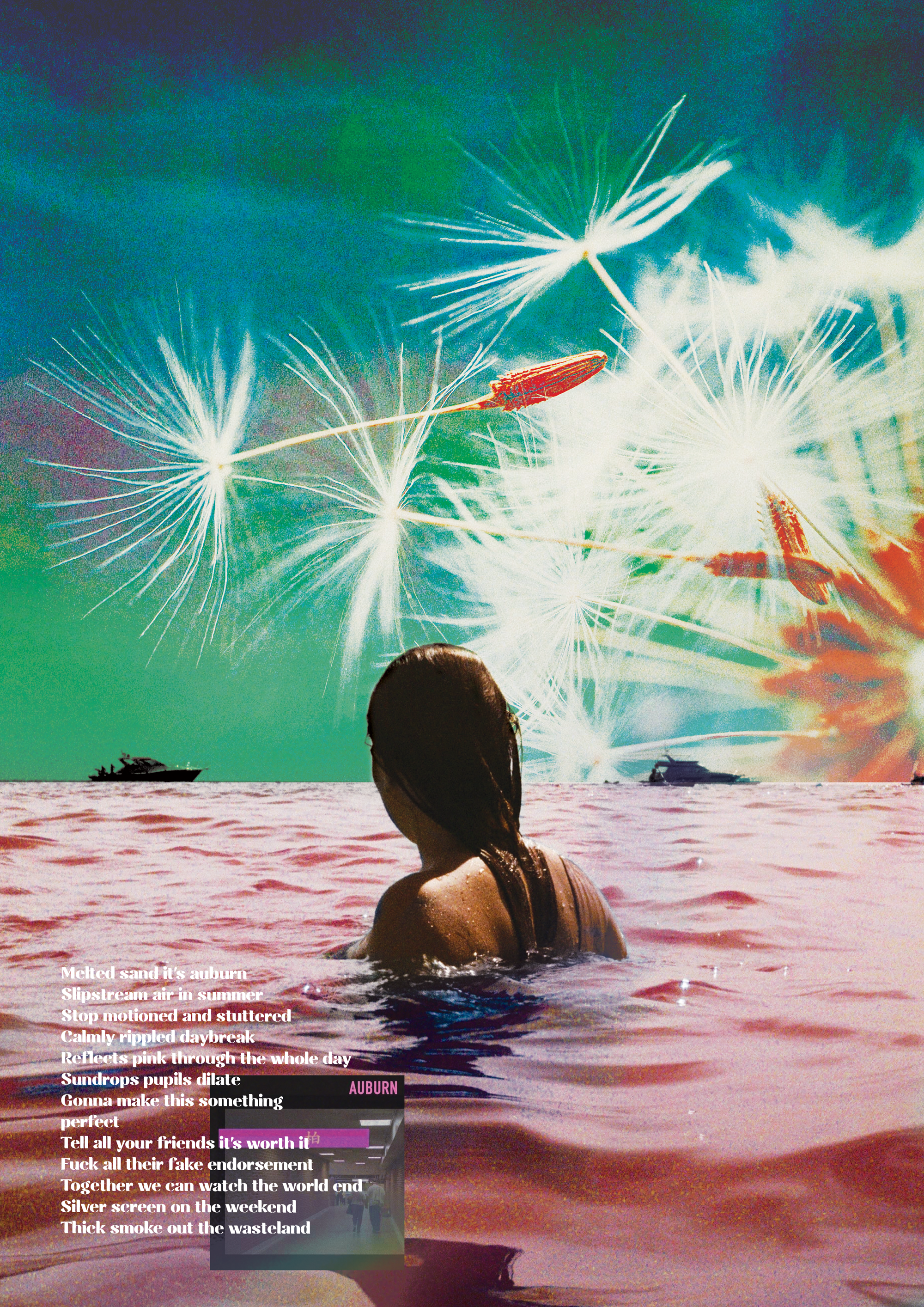Collage of a swimmer in a pink sea beneath luminous dandelion forms