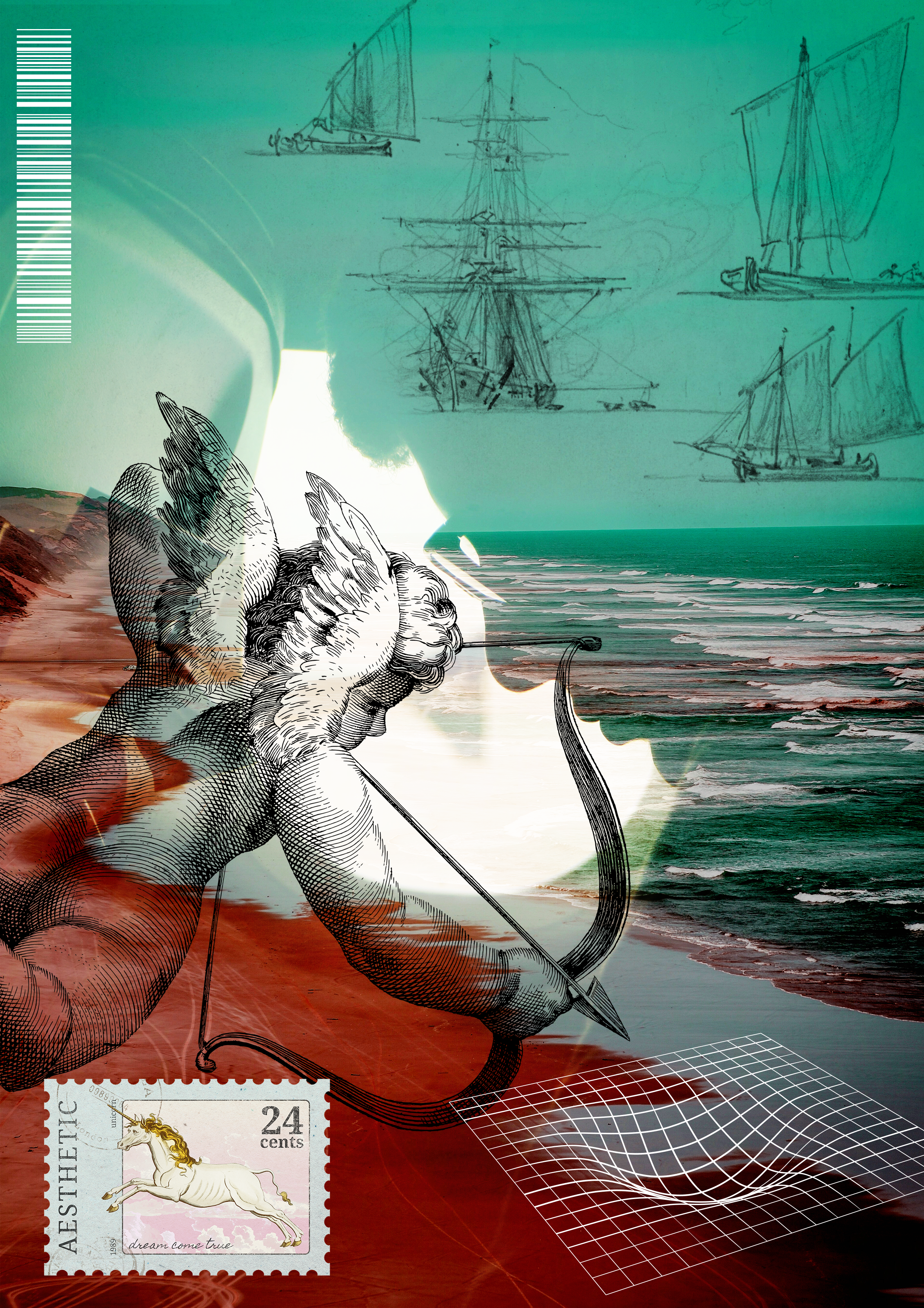 Collage of an engraved cupid aiming across a green coastal landscape