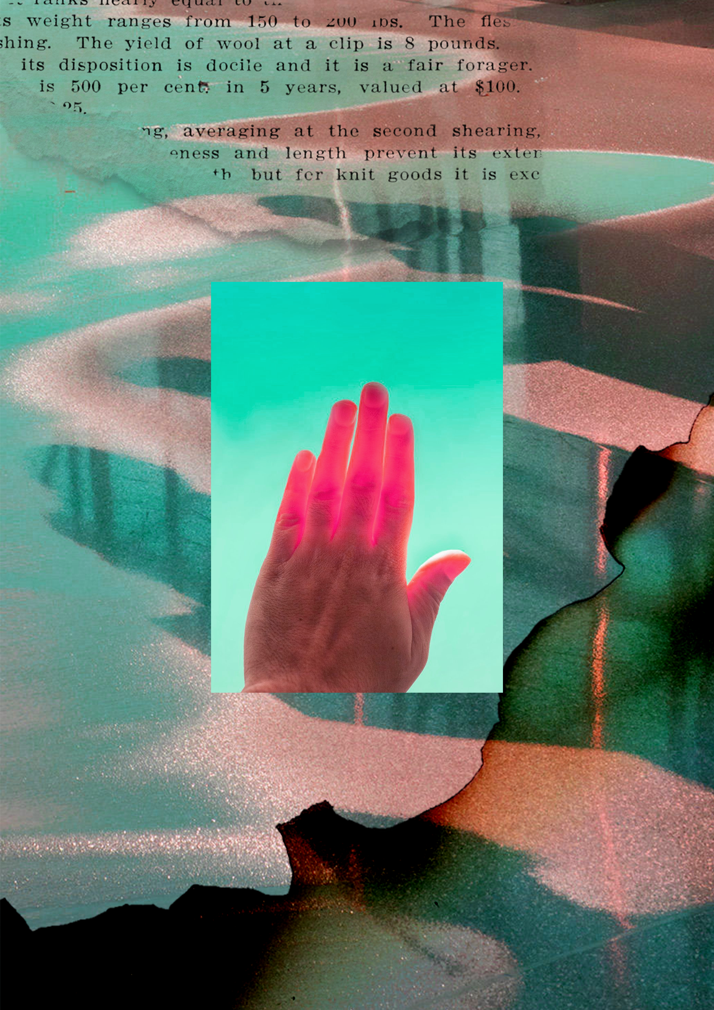 Abstract collage with a glowing hand against torn teal and coral textures
