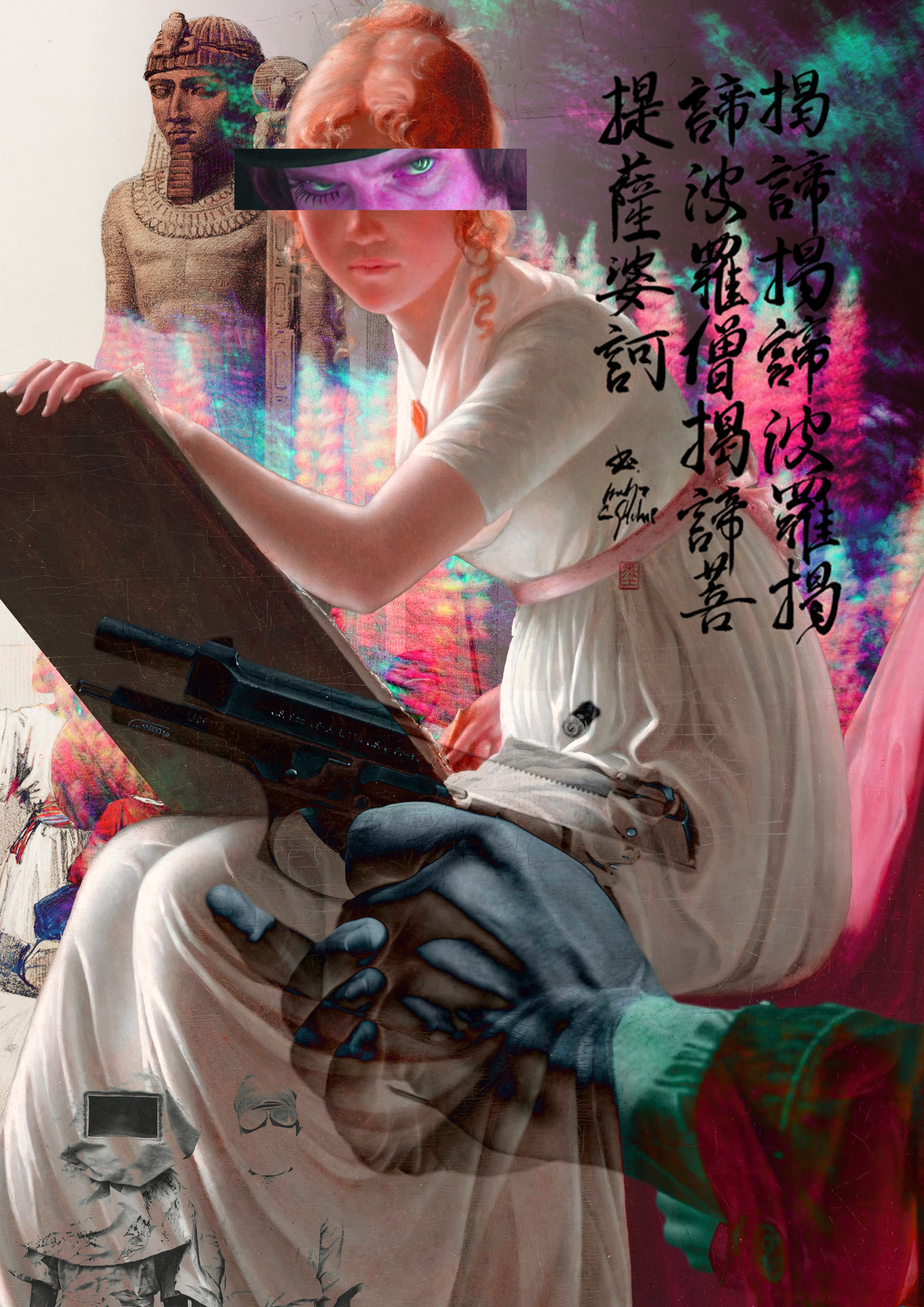 Surreal collage of a seated woman layered with ancient sculpture and painted eyes