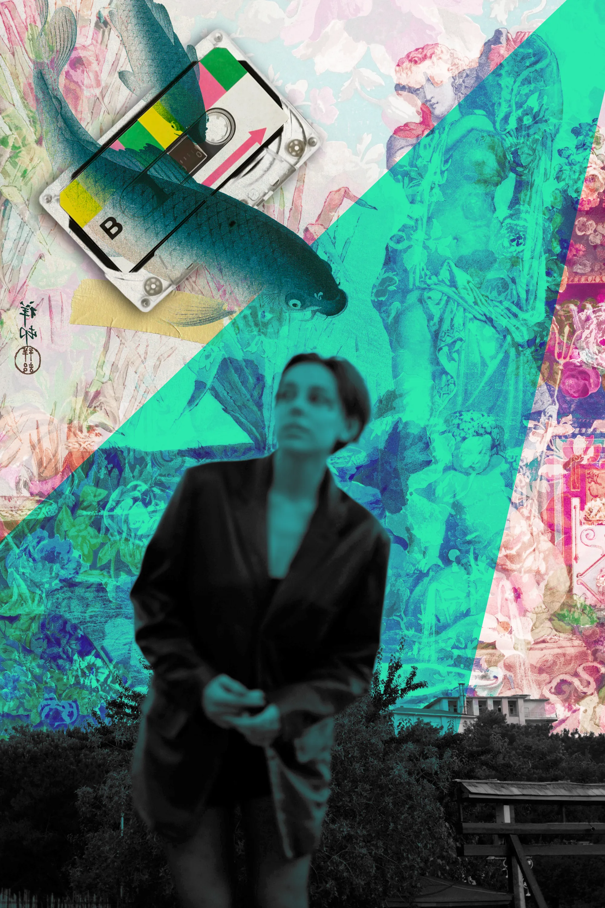 Turquoise collage combining a cassette tape, painted figure, and floral imagery