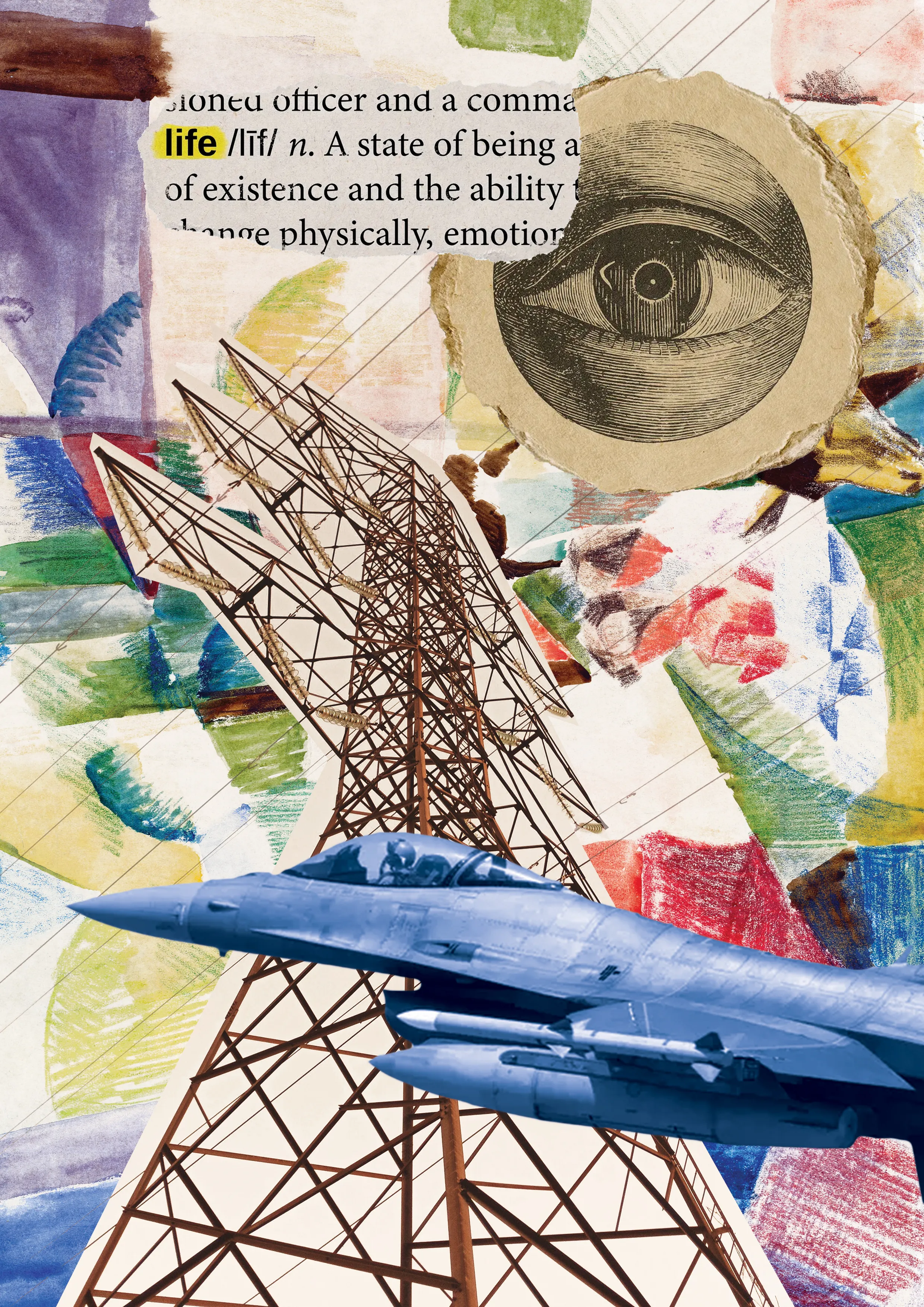 Layered collage combining a fighter jet, electrical tower, and engraved eye