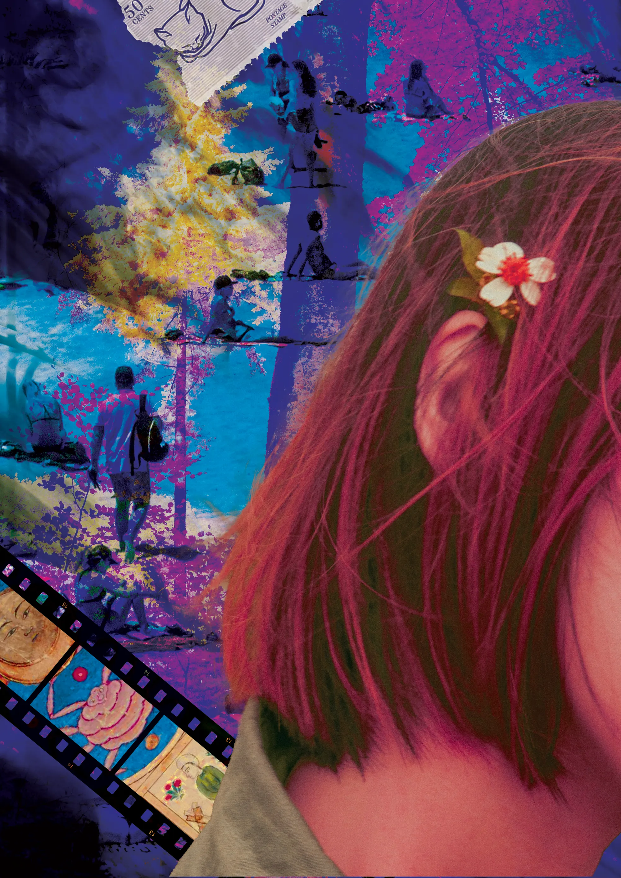 Violet and cyan collage featuring a woman with a flower in her hair