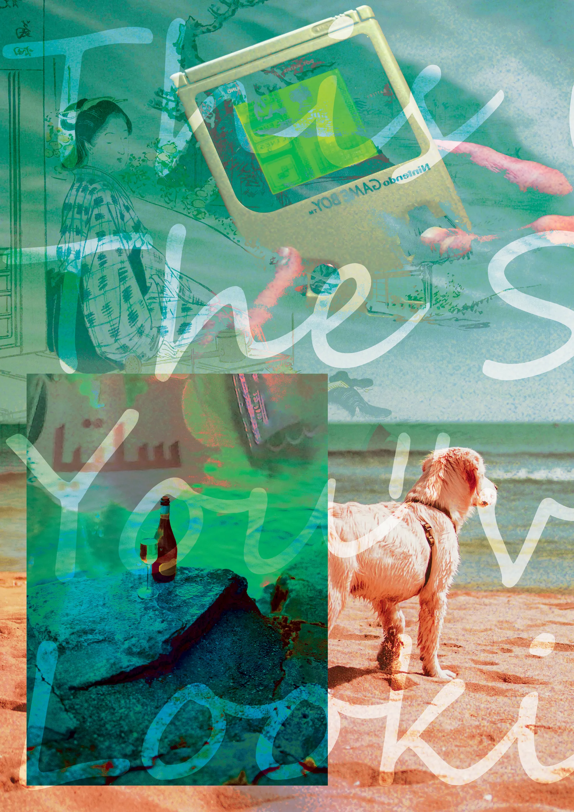 Sea-green collage combining a Game Boy, handwritten type, and beach imagery