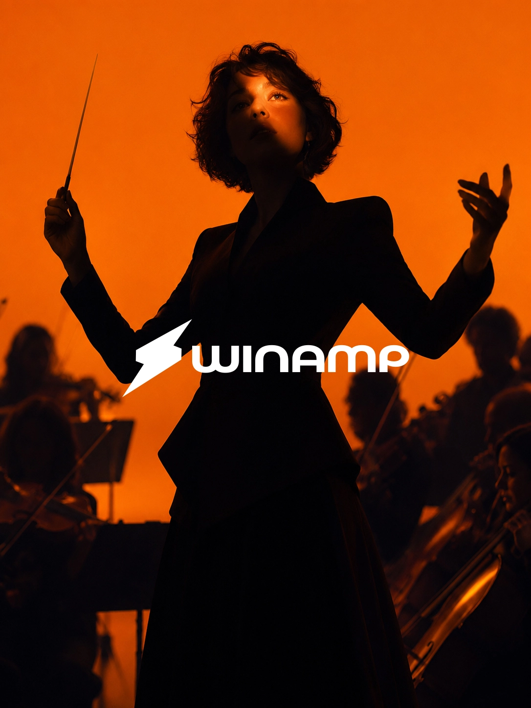 Winamp rebrand key visual featuring an orchestra conductor