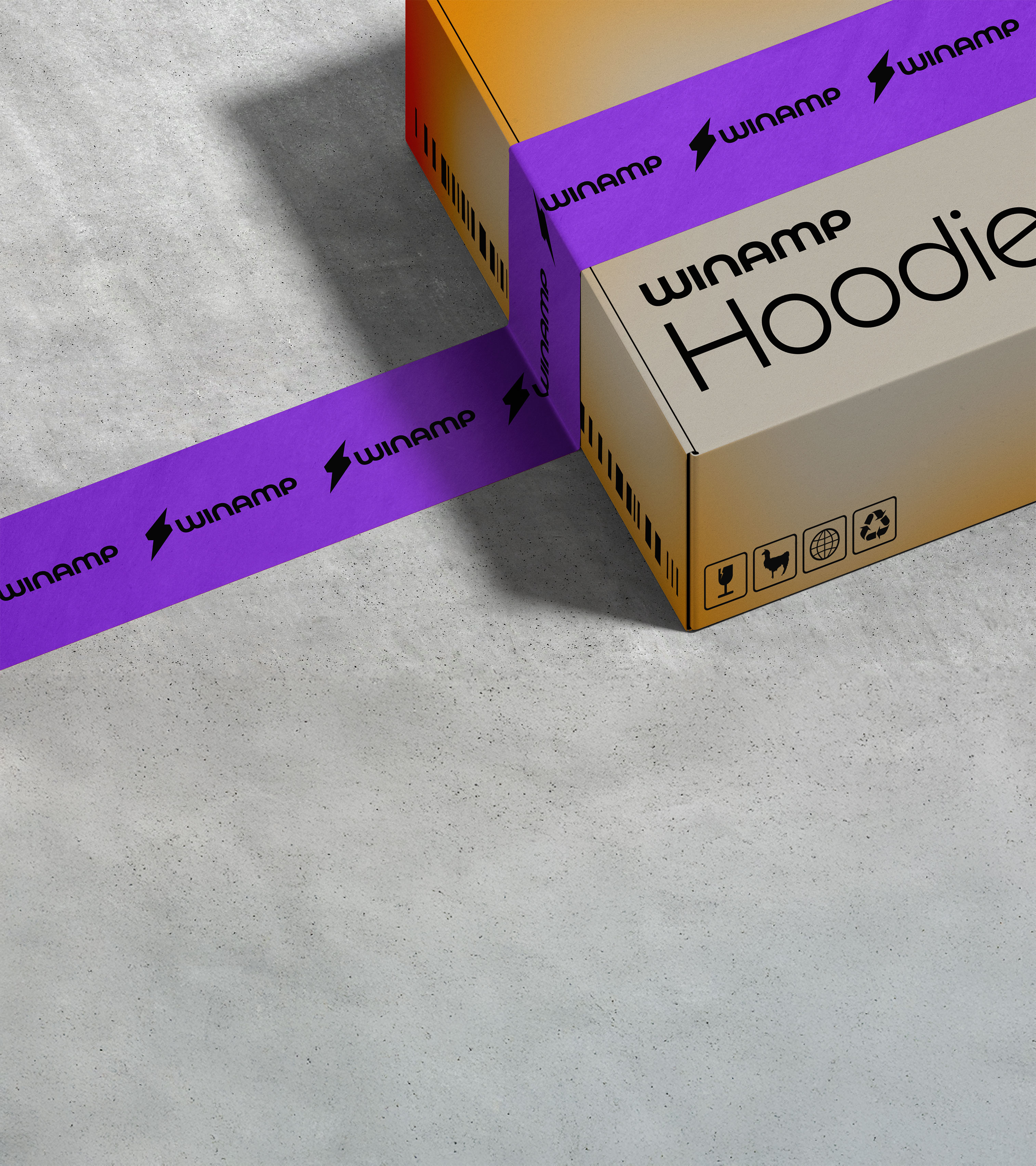 Winamp hoodie packaging box and branded tape