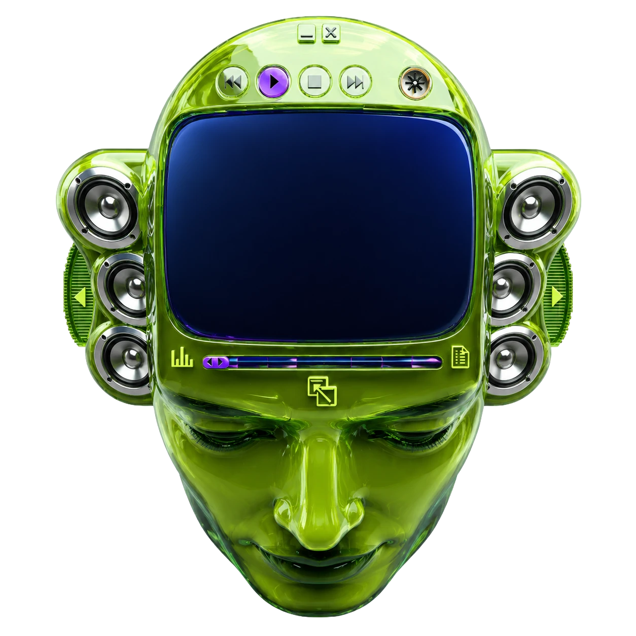 Green translucent Winamp player shaped as a futuristic head