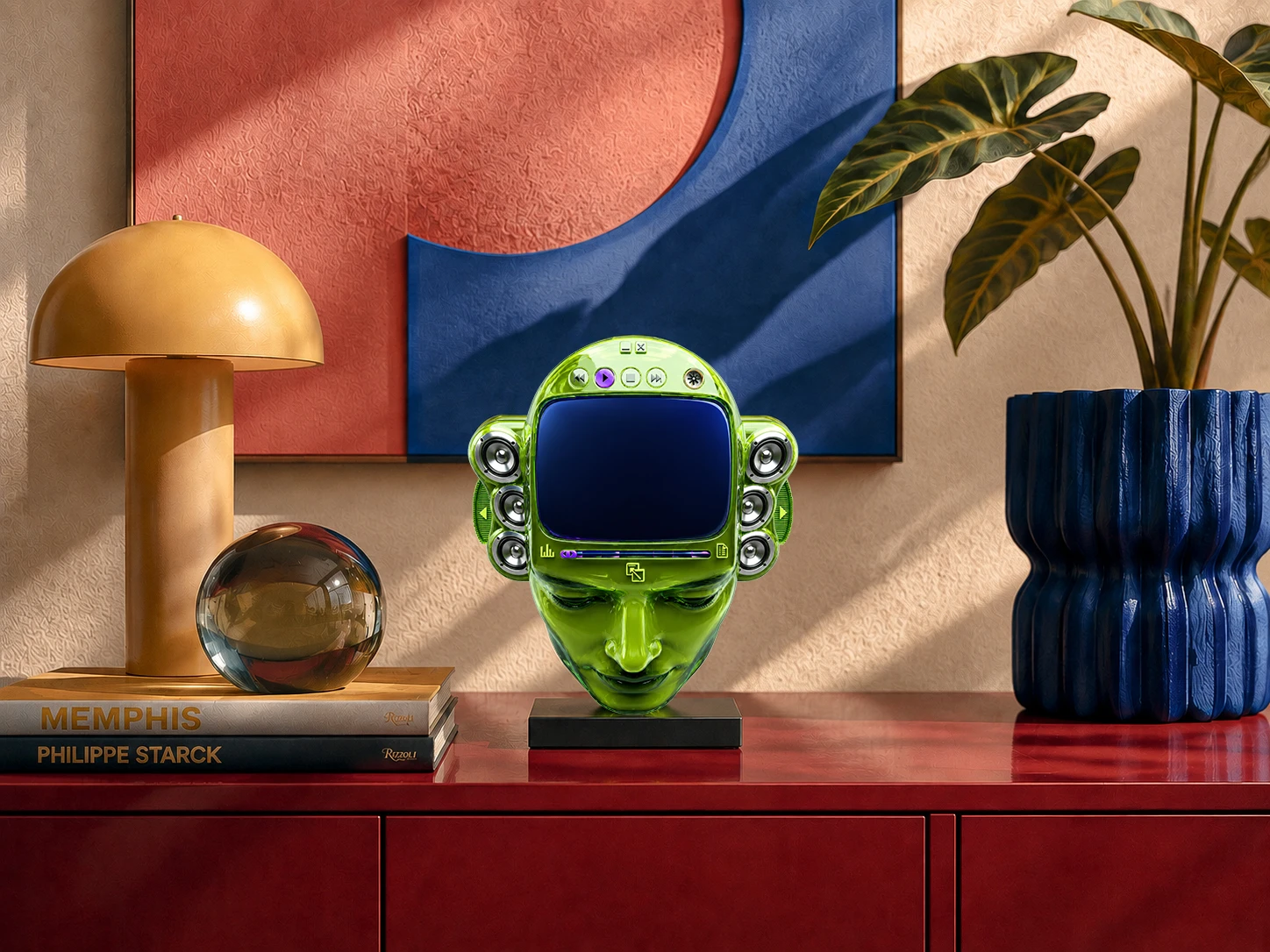 Winamp head player displayed in a colorful interior