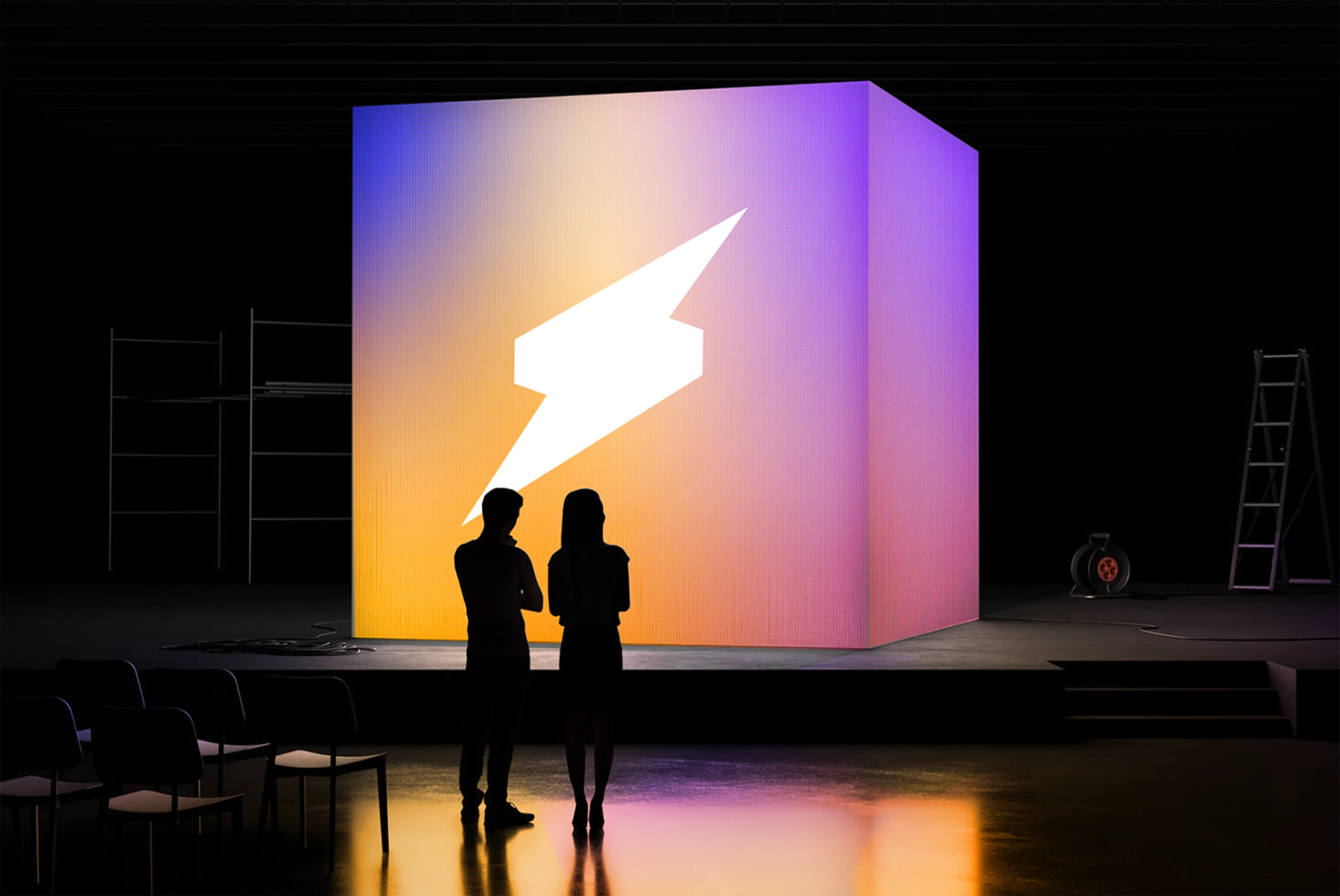 Winamp lightning bolt projected on a luminous stage cube